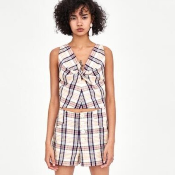 NWOT Zara checkered plaid crop top with knot bow & keyhole detail, S - Picture 4 of 14